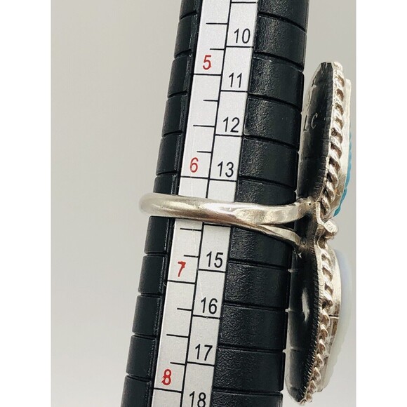 LEE CHARLEY JR ~NAVAJO STERLING ~TURQUOISE & MOTHER OF PEARL FEATHER RING-Signed - Picture 3 of 12